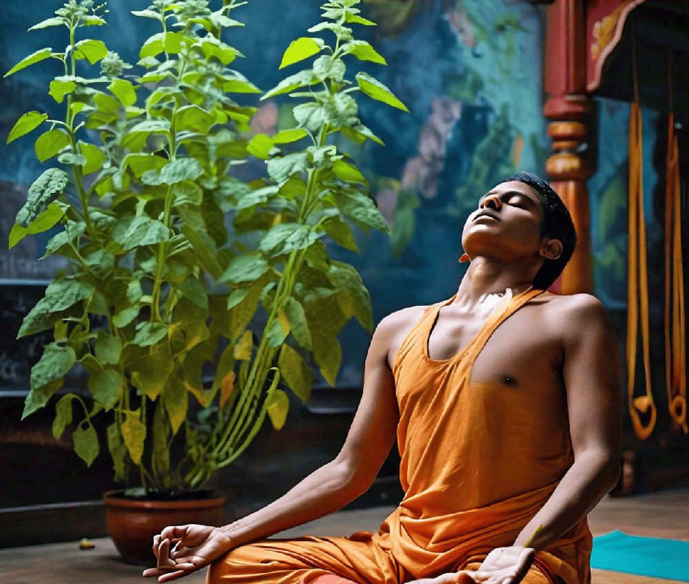 person meditating or practicing yoga with a Tulsi plant in the background, representing the herb's adaptogenic effects